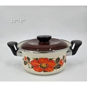 Vintage Sanko Ware Show Pans Floral Enamel Stock Pot w Lid Japan 3 Qt